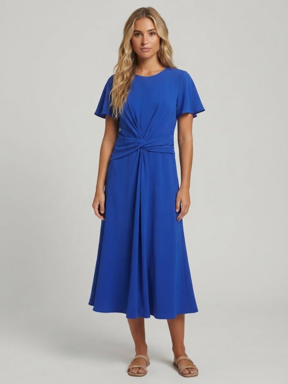 DKNY Royal Blue Tie Knot Front Short Sleeve Midi Dress Size 8 39912